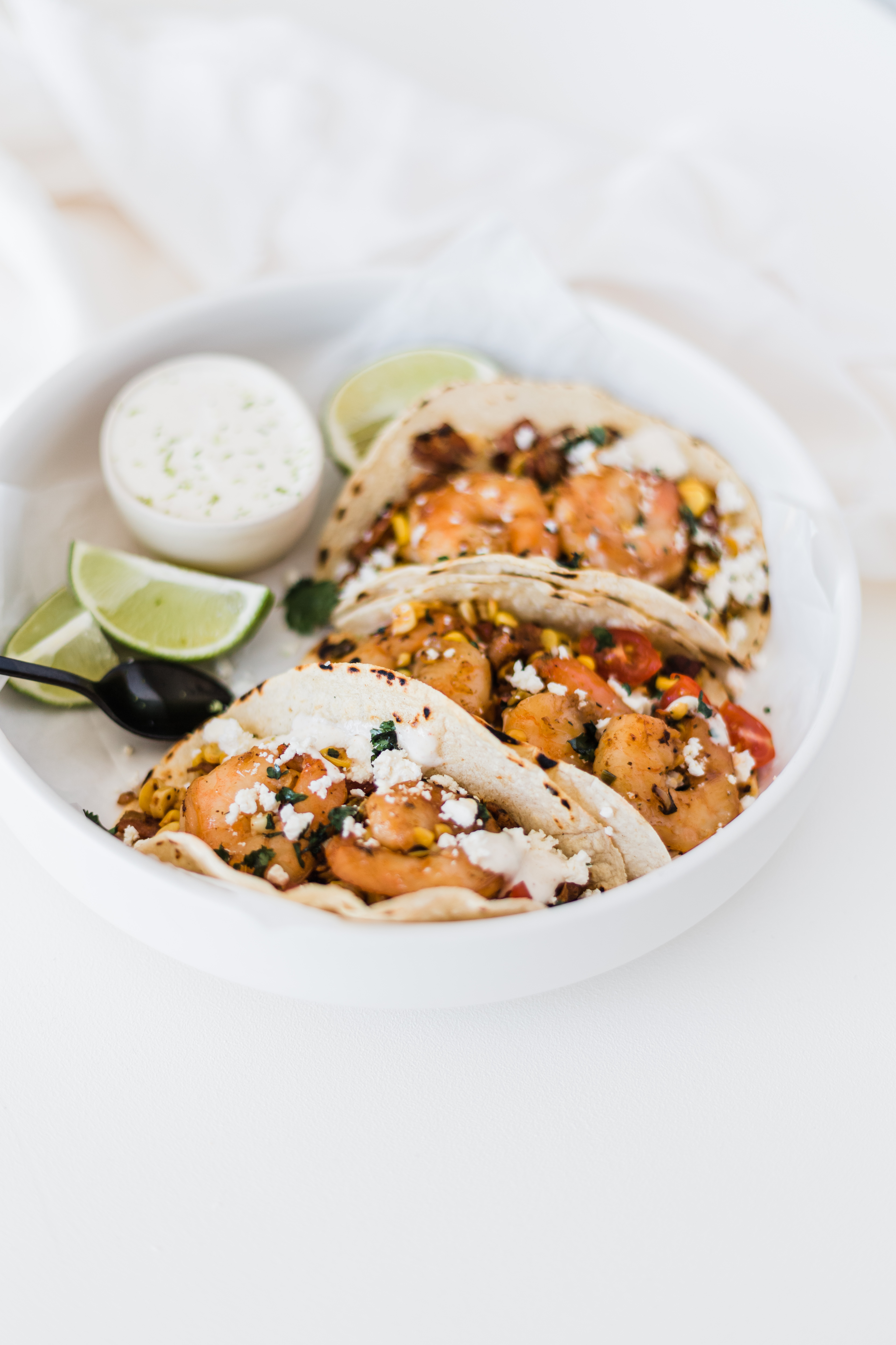 Shrimp & Bacon Tacos with Corn and Lime Crema