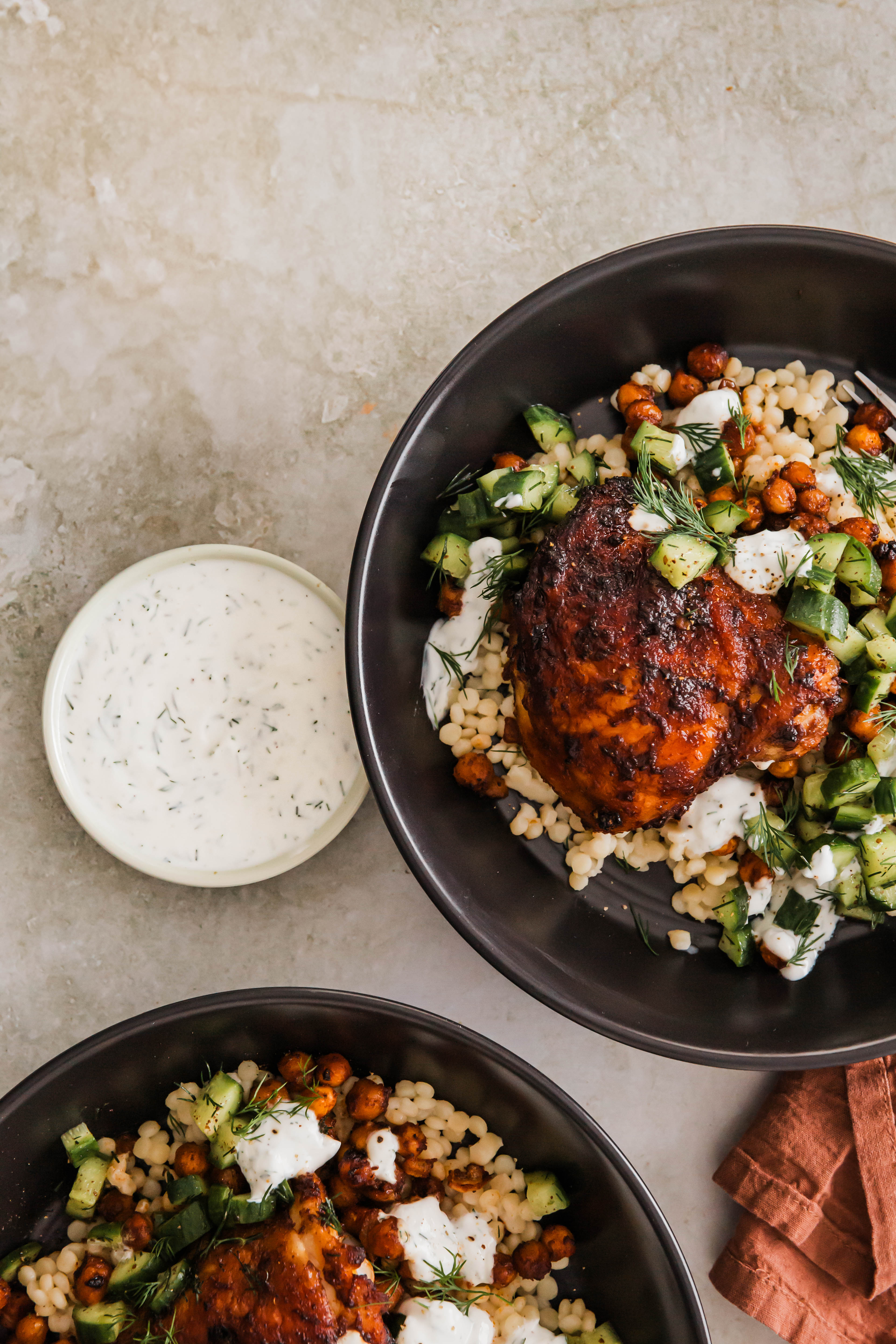 Harissa Chicken and Chickpeas with Garlic Dill Yogurt Sauce